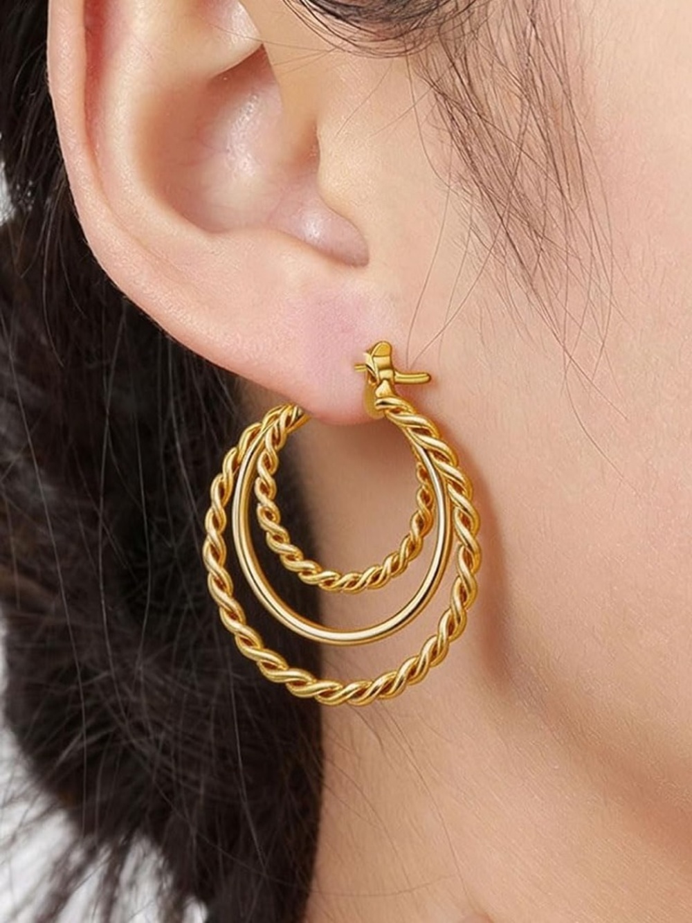 Anthropologie Gold Triple Hoop Twisted & Smooth Earrings
